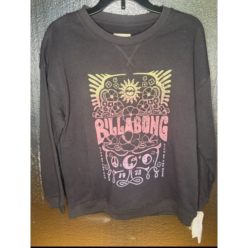 Billabong Womens Graphic Sweatshirt Sun Moon Floral Crewneck Pullover Gray MED